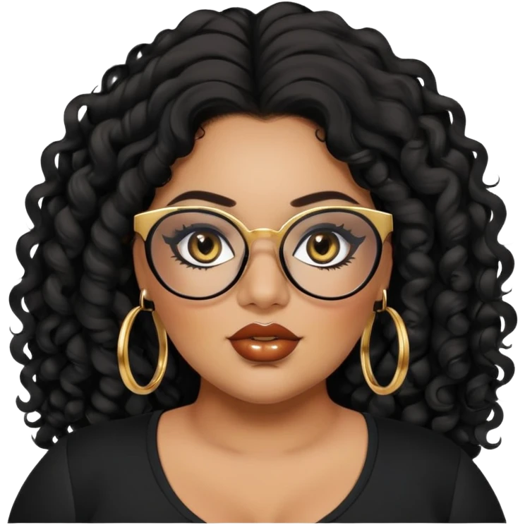 big plus size, latina, darker tan skin, gold hoops, long black curly hair, baddie,pretty, makeup, lipgloss, black eyeliner, long hair, black top, black glasses emoji
