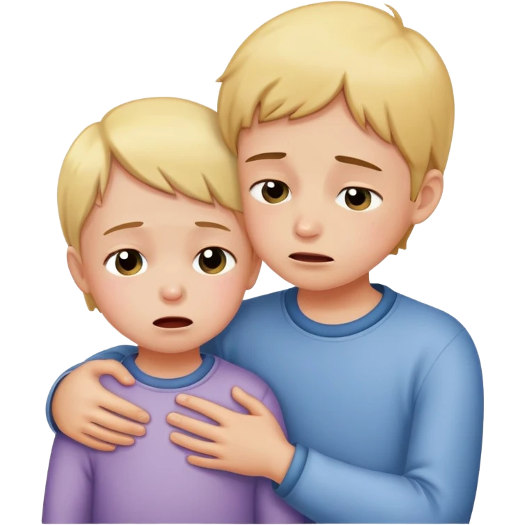 two children, one comforting the other who is crying, caring and friendly emoji