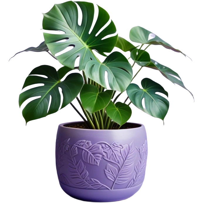 A stunning monstera plant with deep violet-green leaves, each leaf elegantly veined with subtle shades of purple, creating an ethereal glow. The plant is flourishing in a beautifully crafted lavender ceramic pot with intricate embossed floral patterns. The background features a softly blurred, moody violet gradient, enhancing the plant’s lush aesthetic. Delicate strands of ivy and tiny lavender blossoms cascade around the pot, adding depth and harmony. Soft, diffused lighting casts a gentle glow, emphasizing the plant’s unique coloration and creating a dreamy, artistic composition. emoji