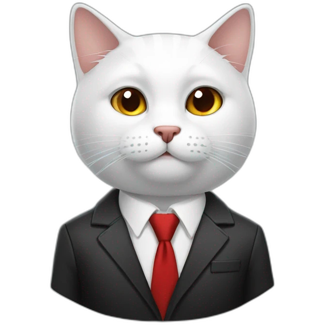 Boss amd white cat, white skin, black hair, brown eyes, black jacket with red tie. speek with client emoji