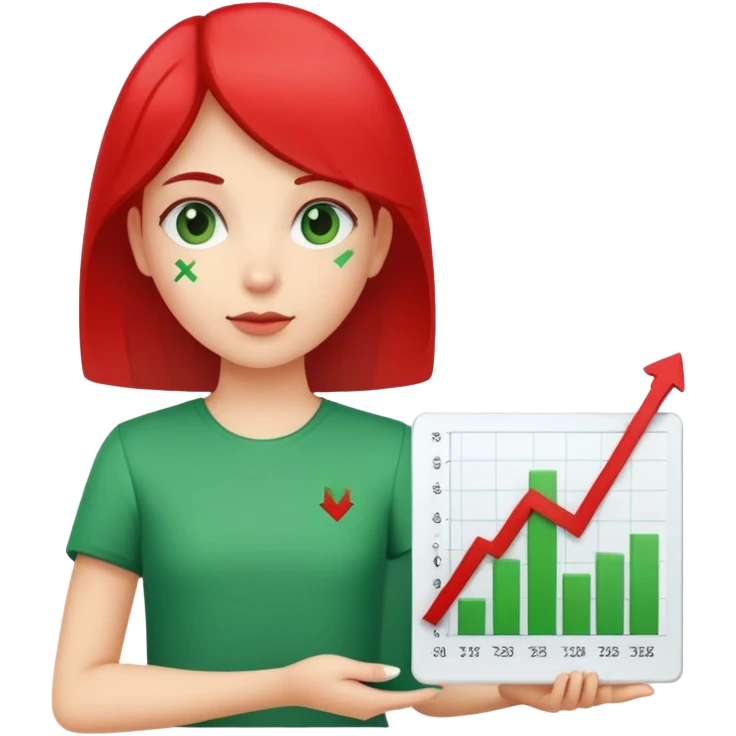 Girl holding chart with rising green graph line in right hand and holding another chart with falling red graph line in left hand emoji