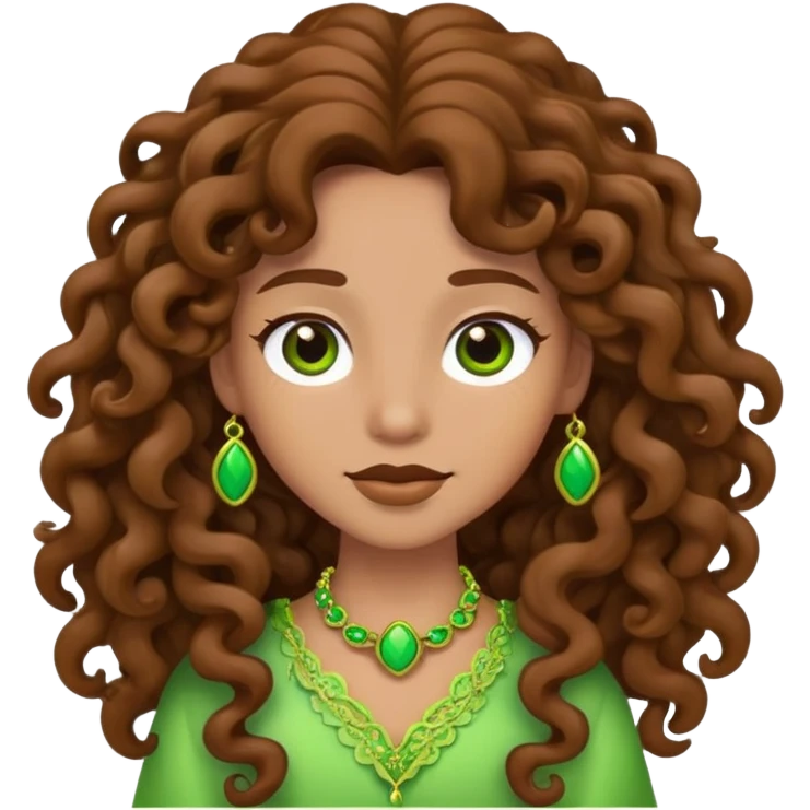 cartoon character with long brown curly hair and green accessories emoji