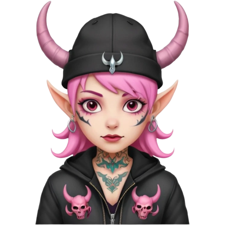 pink girl demon with tattoos, hat, jacket and horns emoji