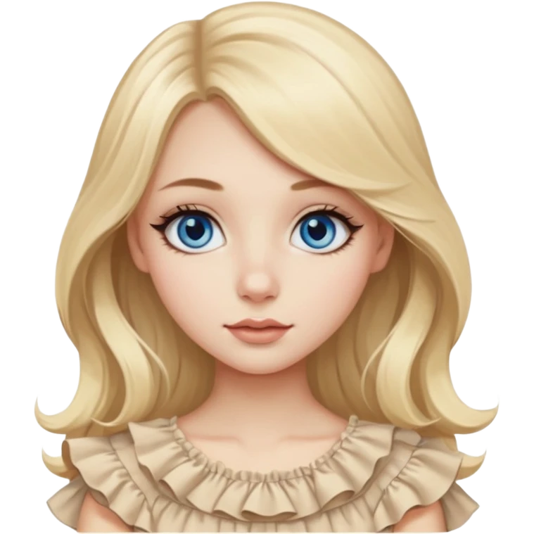 Beautiful Emoji girl with not very big close-set blue eyes and eyeliner, long round nose, wide not very full lips, long oval face shape, long blonde hair in cute ruffle beige top emoji
