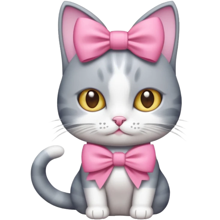 Gata gris con blanco y un moño rosa emoji
