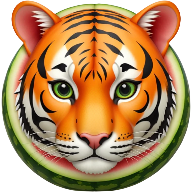 A round watermelon with green rind and a realistic tiger head attached to it emoji