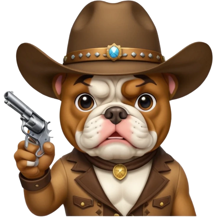 A bulldog wearing a cowboy hat pointing a revolver at you and telling you to hand over your money. emoji