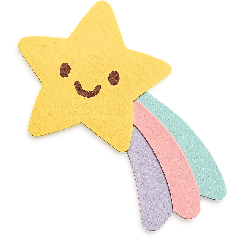 kawaii yellow shooting star, smiling face, soft pastel colors, pastel trail, no arms or legs, full body, paper craft style emoji