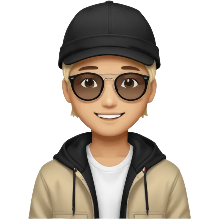 Portrait of a male K-pop idol, wearing a stylish streetwear outfit with layered clothing, makeup, wearing a black cap, happy, sunglasses emoji