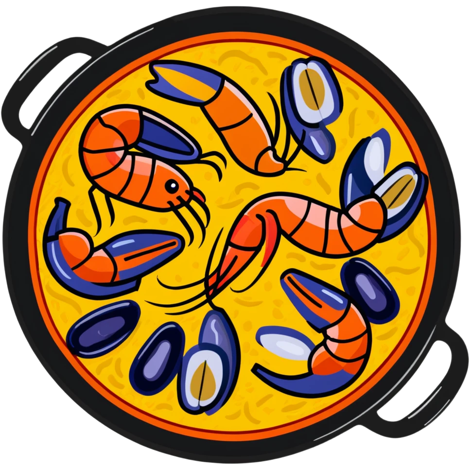 delicious seafood paella with prawns, mussels, and yellow rice in a traditional paella pan emoji