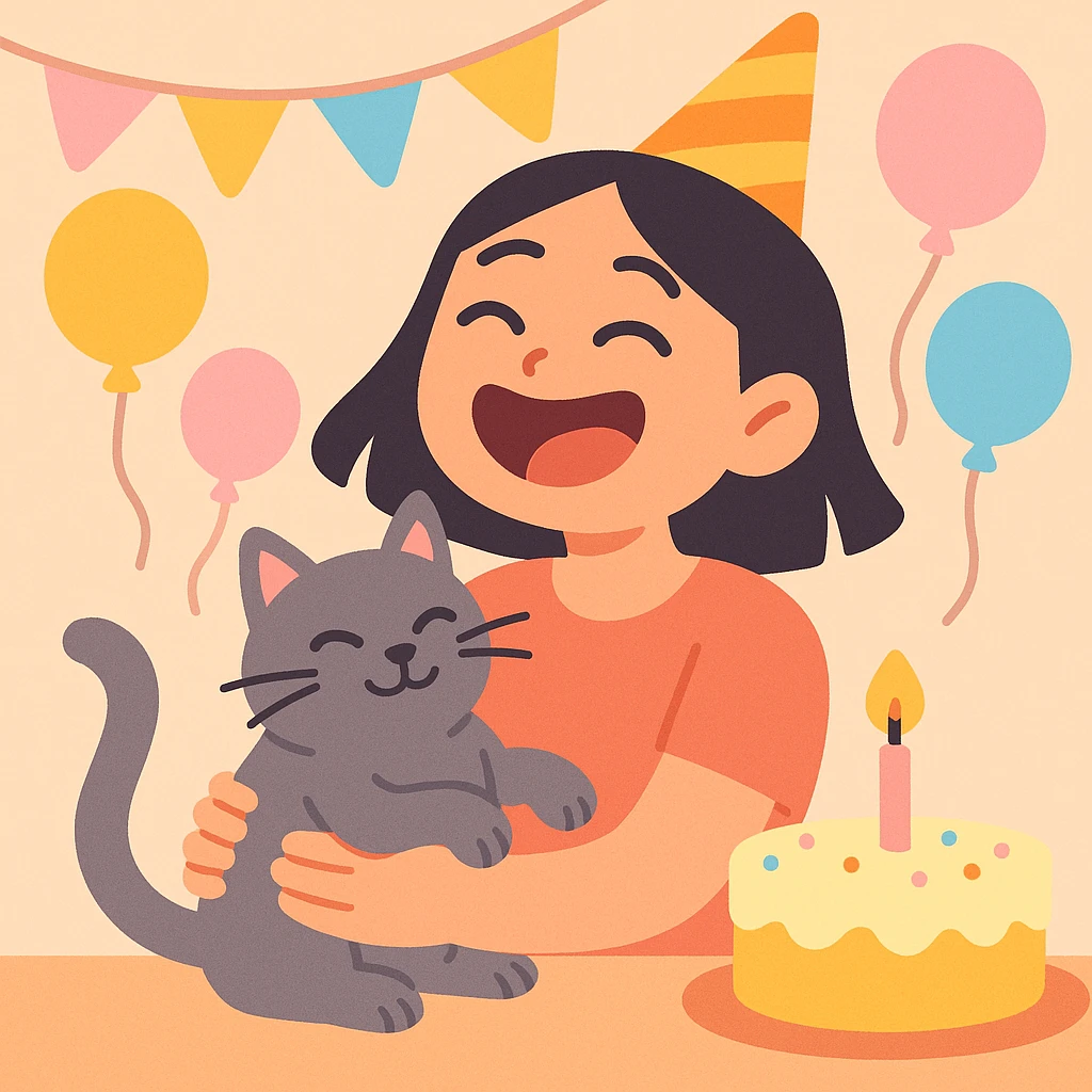 asian girl laughing, holding a grey cat, birthday party, pastel toon style emoji