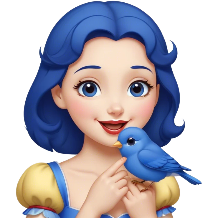 Cinematic Adorable Snow White Portrait Emoji, Giggling as a bluebird perches on her finger, cheeks rosy with joy, bright expressive eyes full of wonder, her innocence and beauty blending into a heartwarming moment! emoji
