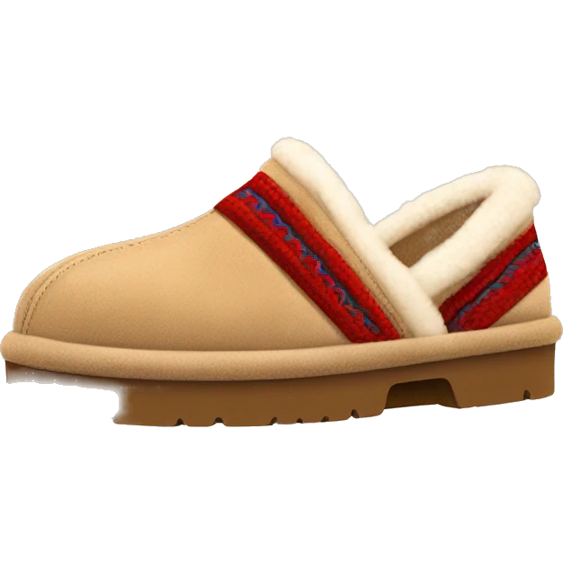 Ugg Camel slip-on slippers. A thin red zig-zag stitch only encircling ankles, VERY chunky platform sole. emoji