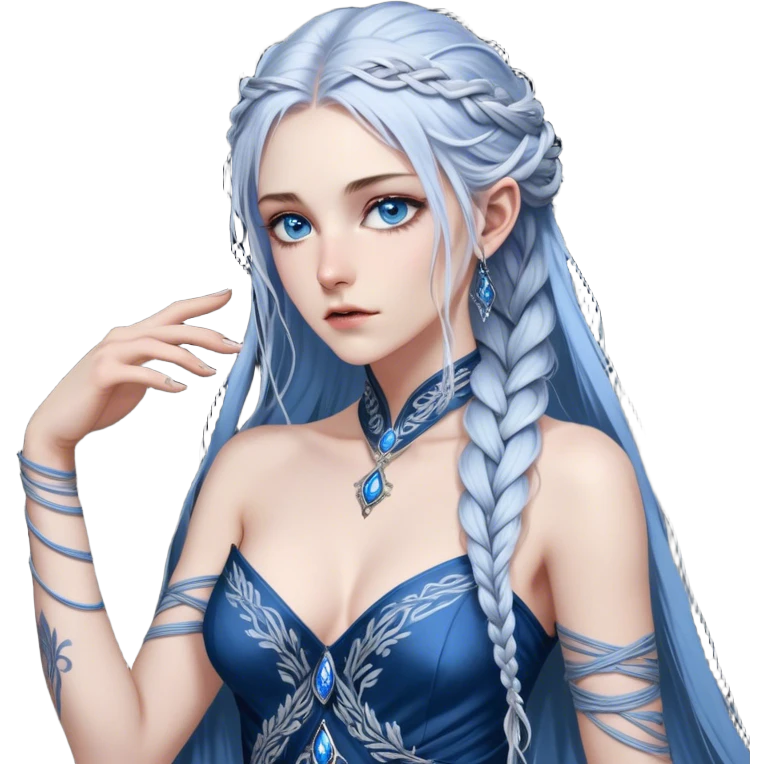 A cold and formidable female Fae with piercing steel-blue eyes, her gaze sharp enough to cut. Her long, silver-streaked hair is swept into a loose yet elegant braid. Dressed in a dark, form-fitting gown with intricate silver embroidery, she exudes an aura of untouchable power. Her fingers rest lightly on the hilt of an obsidian dagger, the only outward sign of the warrior within emoji