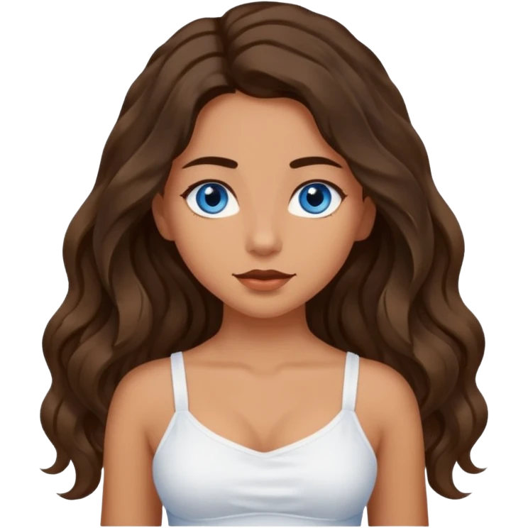 Girl with olive skin, blue eyes, brown dark insanely wavy long hair, white camisole, arms in an x  emoji