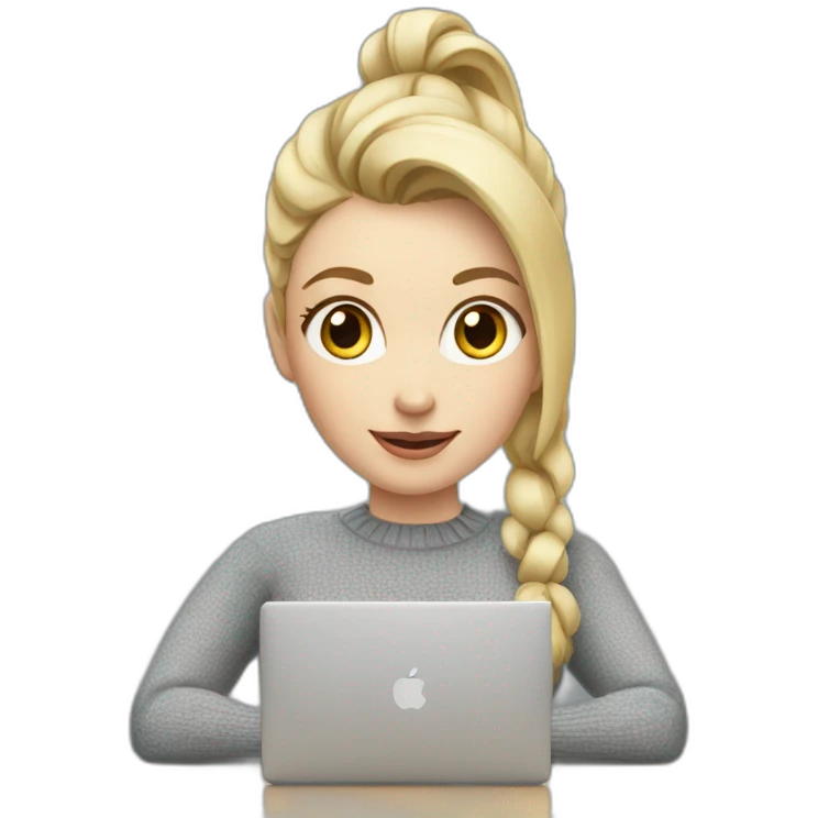 Woman with pale skin, short blonde ponytail and gray sweater sitting at table with Apple laptop emoji