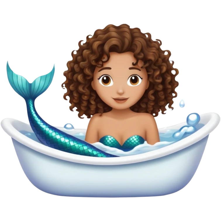 Brunette tan curly hair mermaid in bathtub emoji