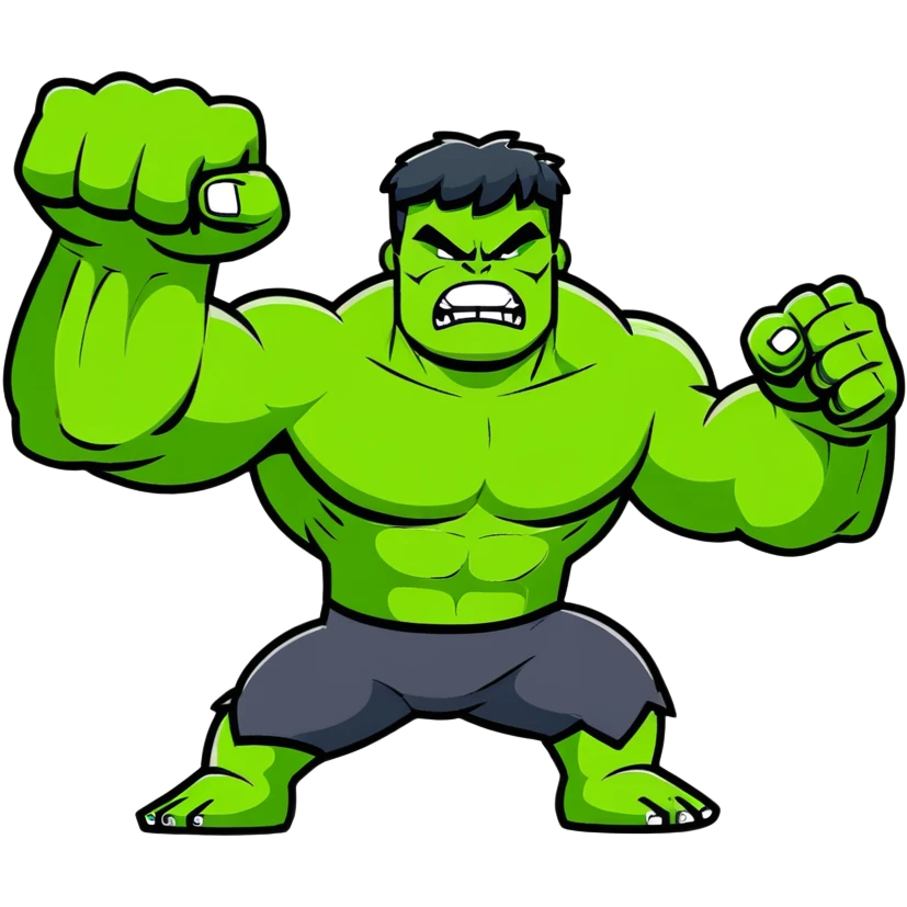 Hulk smashing with fists raised, green muscular superhero breaking ground, action pose, dynamic movement, angry expression emoji