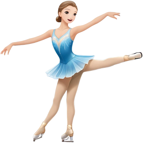 An icon featuring a graceful figure skater performing a spin on the ice. The background includes a grand ice rink palace with shining spotlights and cheering spectators in the stands. Transparent background highlights the elegance and artistry of figure skating emoji