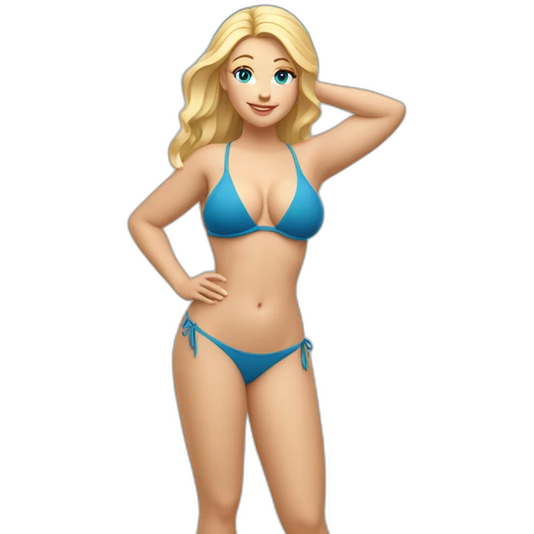 One curvy Caucasian woman with blue-eyes and blond-hairs bikini hands-in-hair-pose (wonderful beach body) full body with bikini emoji