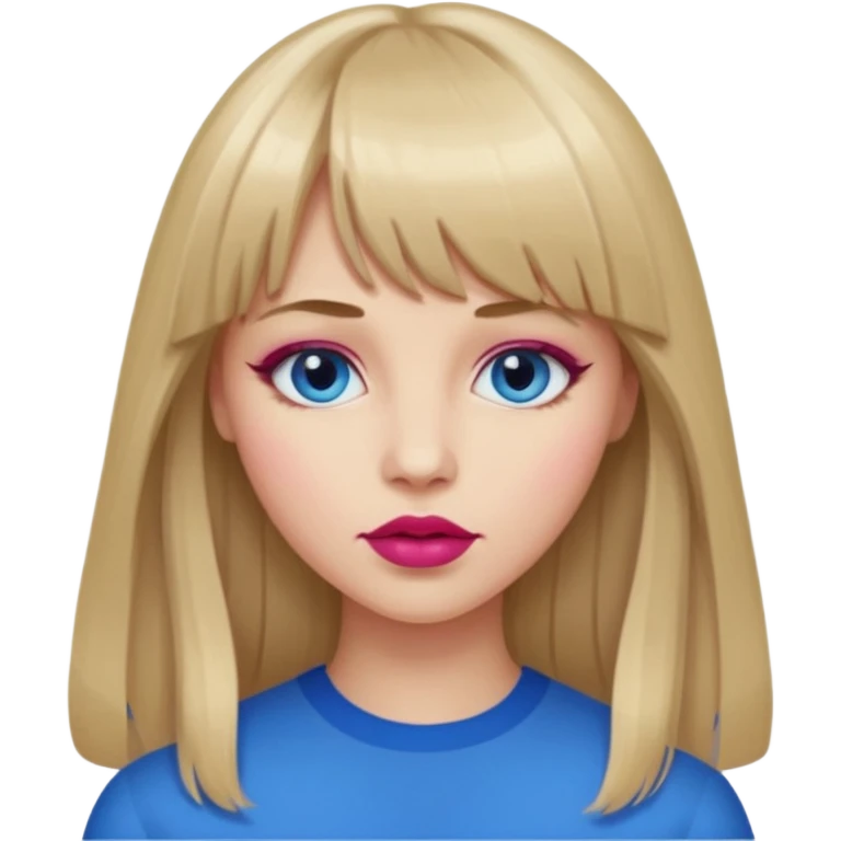 Woman with long dark blond hair and bang, blue eyes, raspberry lip  emoji emoji