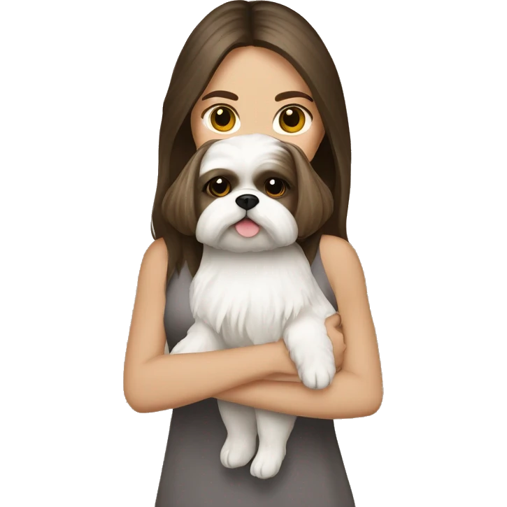 Young brunette hair woman with a cream shih tzu in her arms long hair emoji