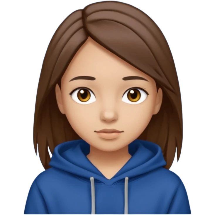girl with straight brown hair, black eyes, light skin, dark blue hoddie emoji