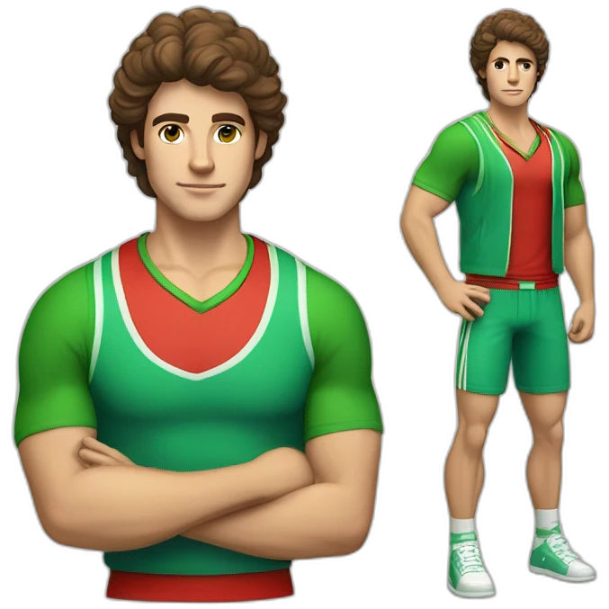 retro 70s red and green gym clothes for a modern white brunette uni male student with glass emoji