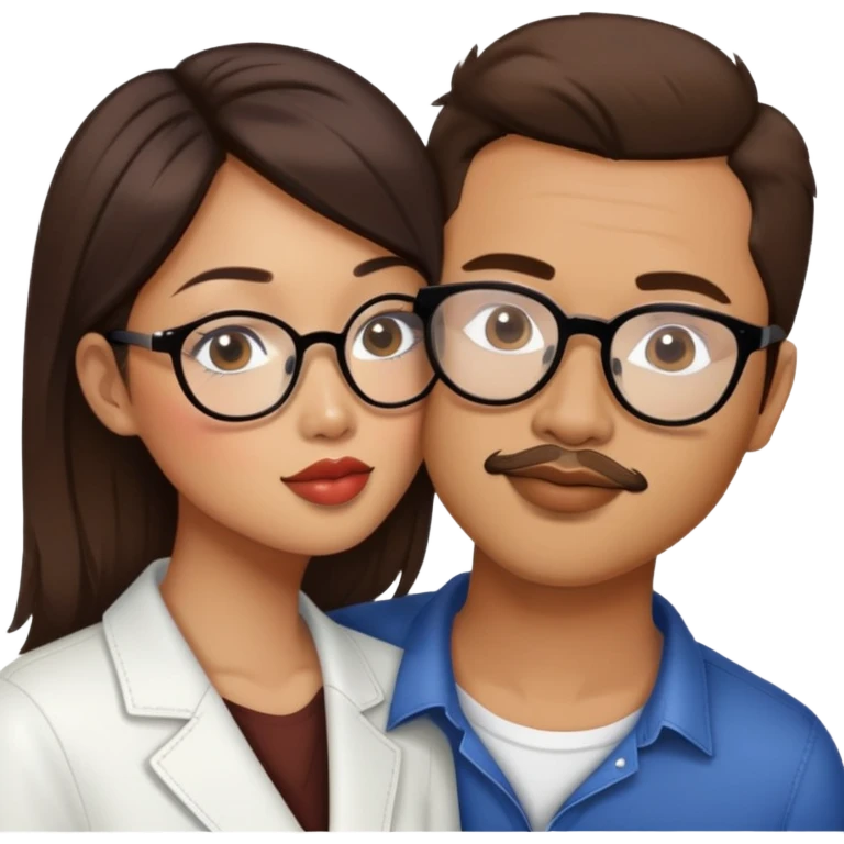 Fashion designer Asian American woman no glasses kissing a white guy with brown hair and only the white guy has beard stubble and glasses emoji