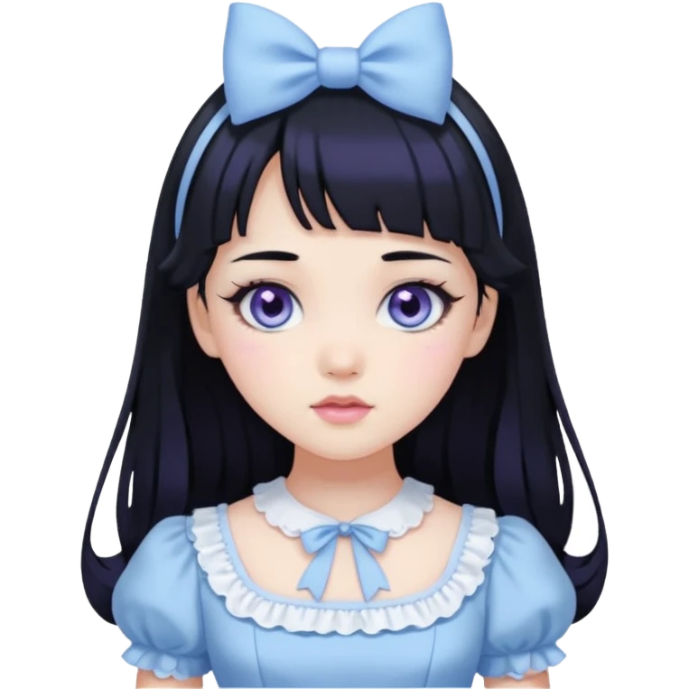 sweet lolita with black hair, violet eyes, white skin, wearing a light blue dress emoji