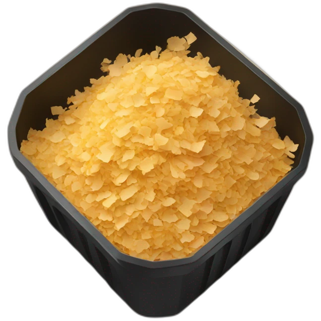 Black cubic plastic container with wood shavings inside emoji