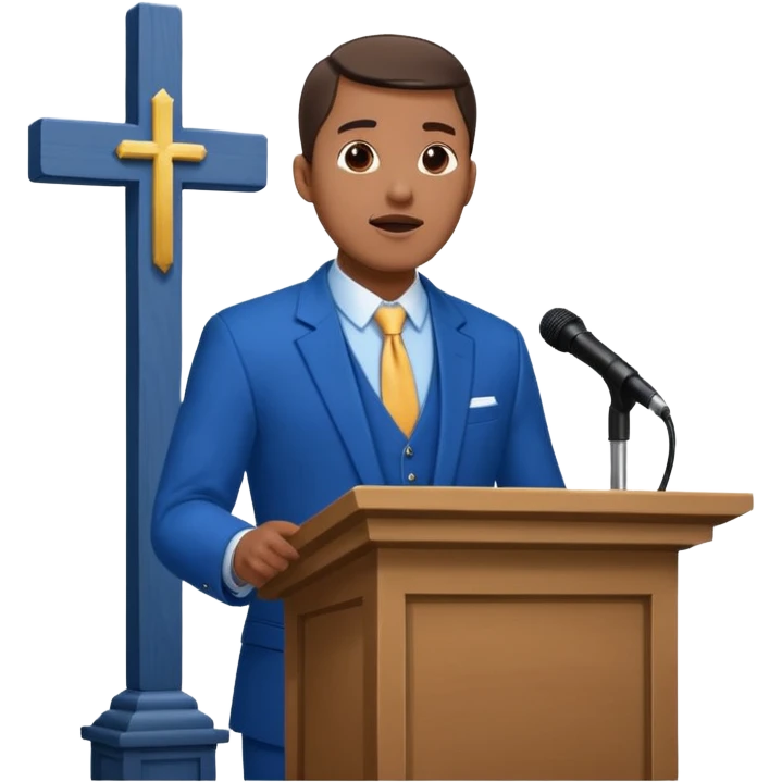 pastor with blue suits preaching in front of a pulpit with a cross behind him on the wall emoji