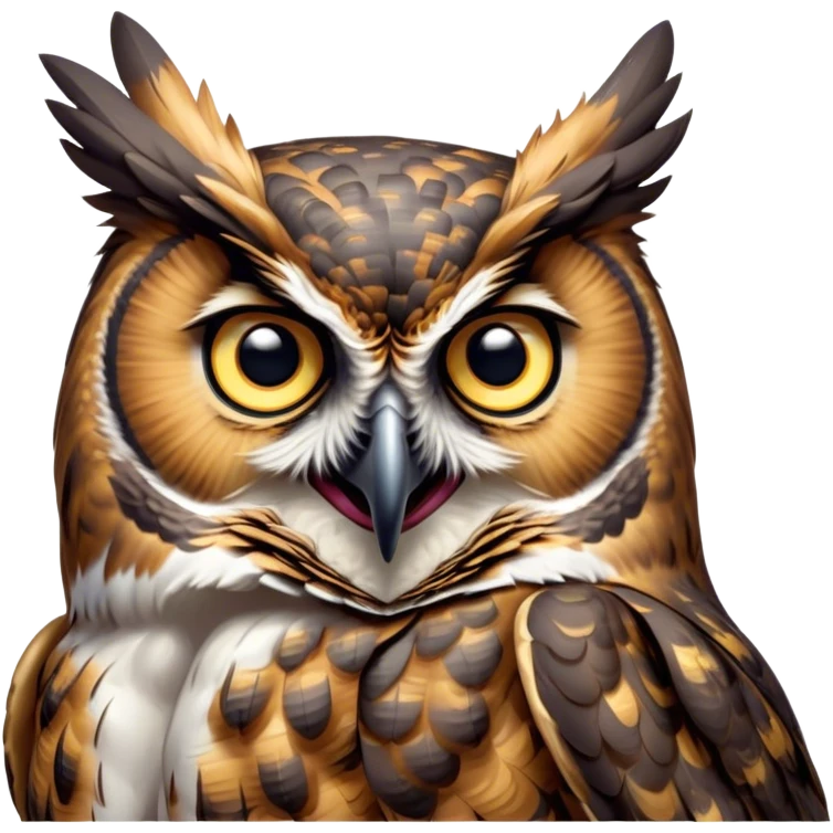 Cinematic Comical Great Horned Owl Portrait Emoji, Head tilted dramatically with an exaggeratedly amused expression, featuring a strikingly patterned mottled plumage with bold contrasts, wide, expressive golden eyes filled with playful disbelief, Simplified yet hilariously expressive features, highly detailed, glowing with a slightly sassy glow, high shine, dramatic yet playful, stylized with an air of cheeky nocturnal mischief, bright and endearing, soft glowing outline, capturing the essence of a spirited and over-the-top owl, so meme-worthy it feels like it could hoot its way into internet fame instantly! emoji