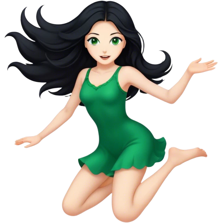 Beautiful lady with long black hair and green eyes jumping emoji