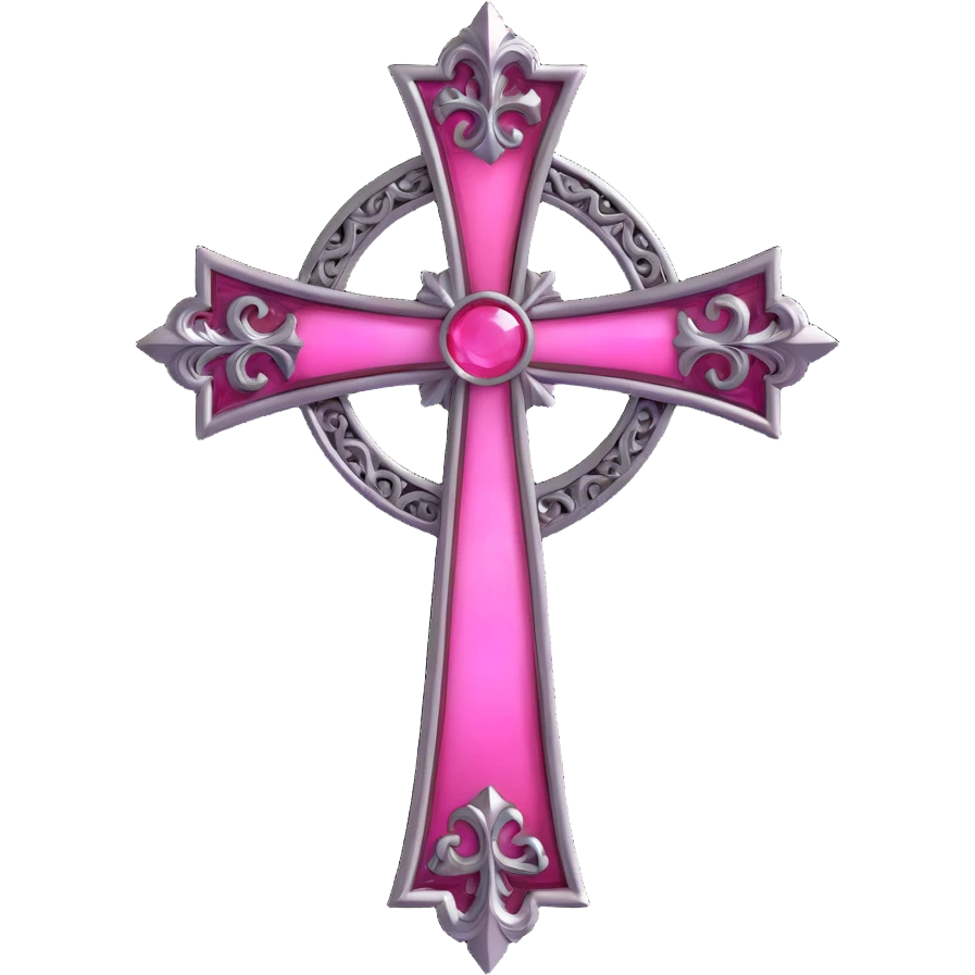 3D gothic cross with pink stained glass inlays, ornate and luminous emoji