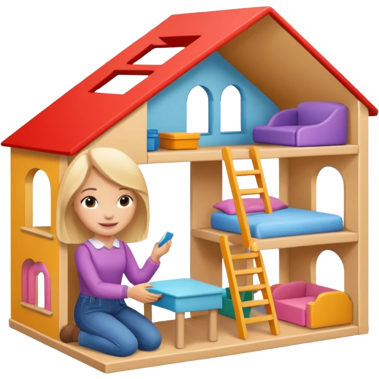 smiling girl arranging furniture in doll house emoji