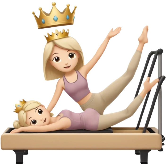 Cute sticker emoji of a “Pilates Princess” doing Pilates on a reformer machine. She is wearing beige activewear with a tiny crown. Soft kawaii style, round shapes, happy face. White outline, vector, transparent background. emoji