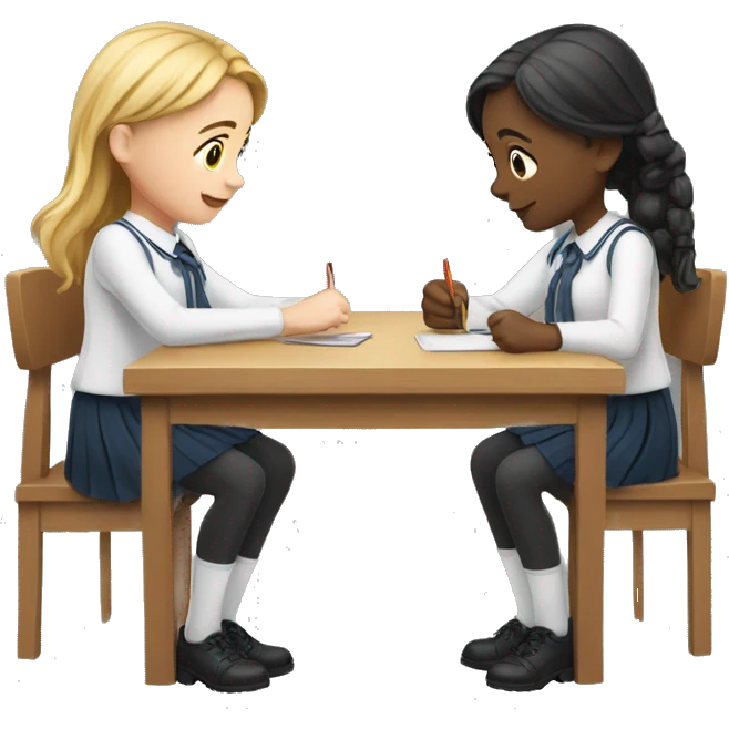 Two schoolgirl at the table are playing emoji