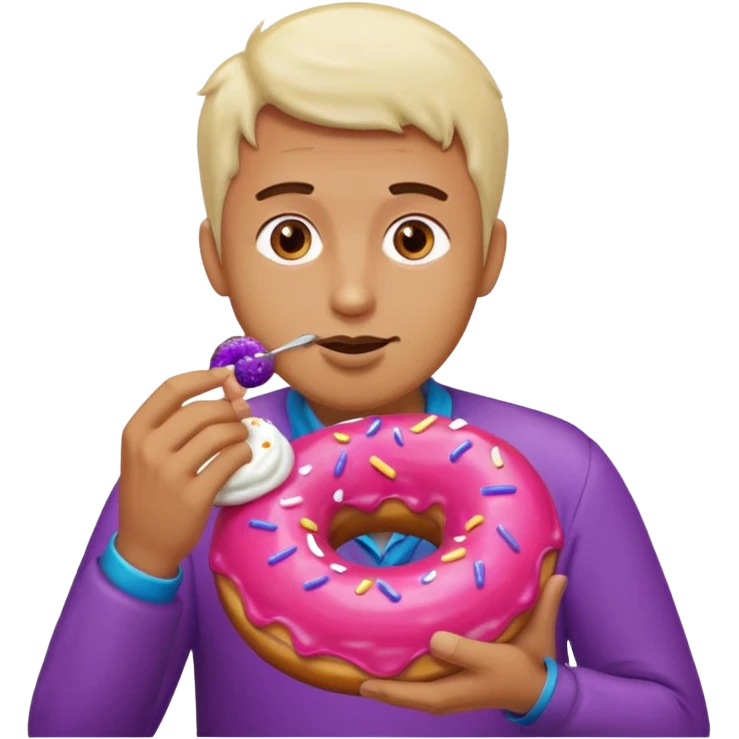 A man eating a pink donut and an eggplant covered in white sauce emoji