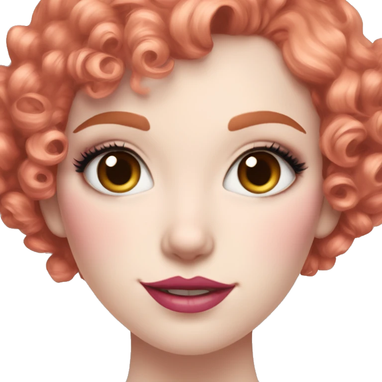 Girl with very pale skin, with bright red pixie cut curly hair, heavy eye makeup, cat eyeliner, long eyelashes, bright pink blush and bright pink lipstick  emoji