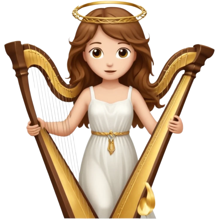 Female angel holding harp with flowing brown hair emoji