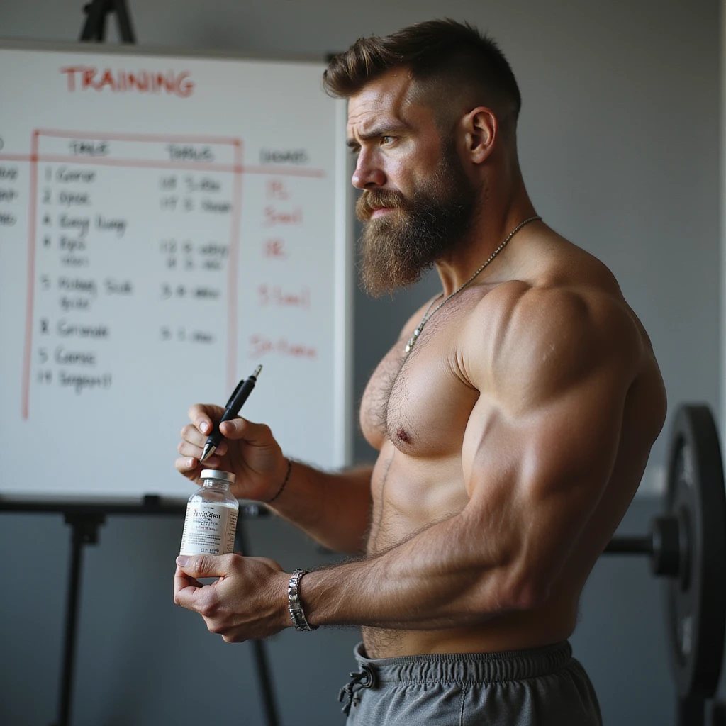 realistic powerlifter in front of whiteboard with training tables and dosages, holding a pen and looking at a bottle of anabolic steroids (AAS), indecisive expression, isolated on white background emoji