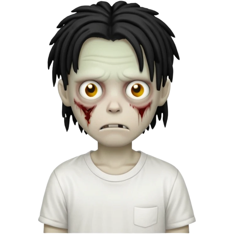 zombie boy with short black dreads that cover eyes and white shirt  emoji