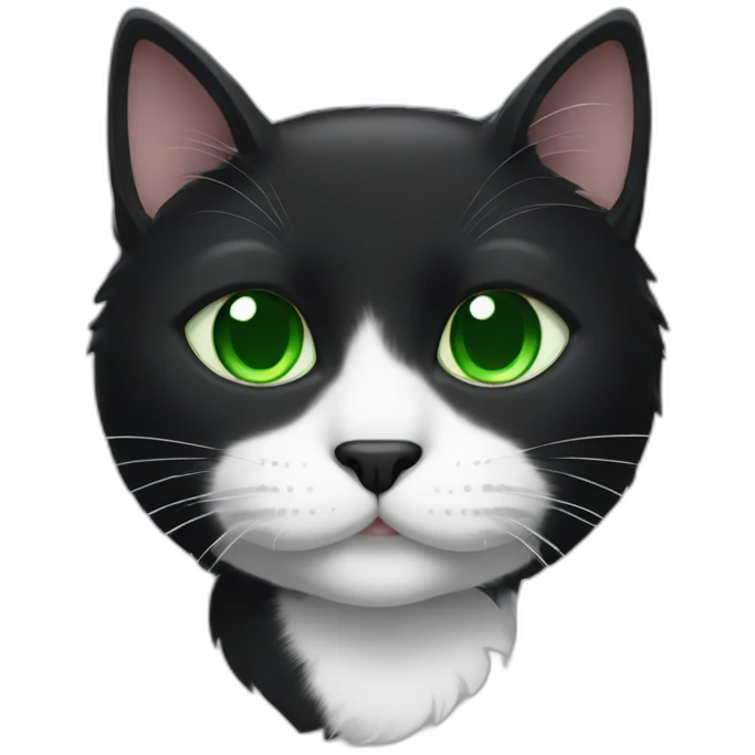A black cat with green eyes with a white mustache, a white stripe on its nose, a full-length white breast and white paws emoji