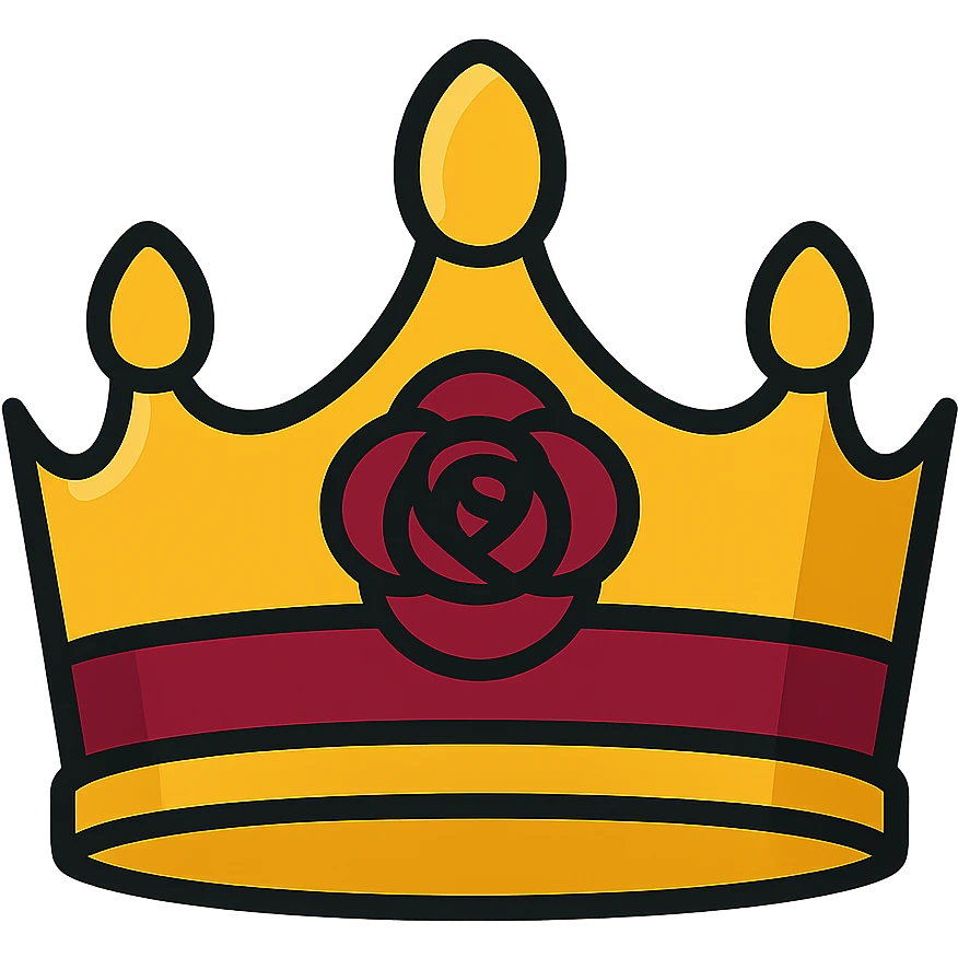 A queen level golden fantasy tiara-crown. The crown is golden and velvet crimson color shaded, and dark rose is engraved in the ring of the crown. Ultra Realistic. Detailed design. Amazing details. emoji