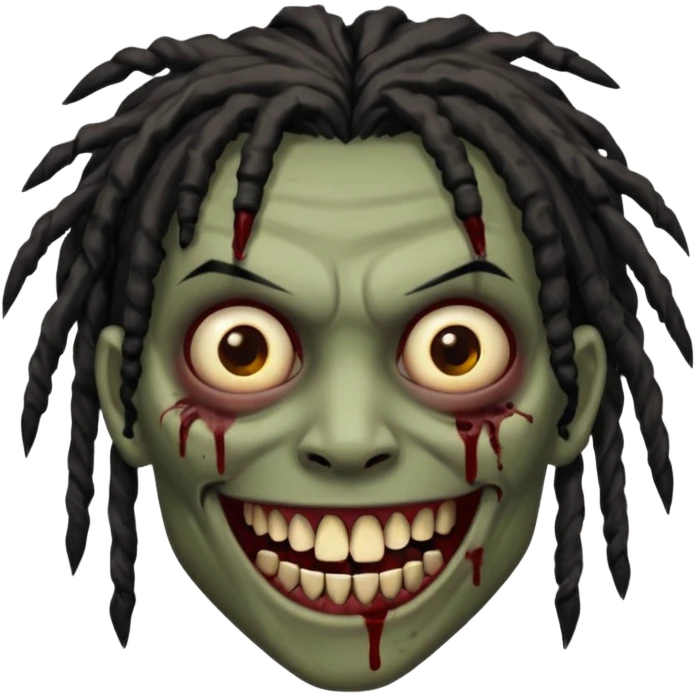 zombie with brown skin, messy black dreads hair, wide centered brown eyes, dark bloody marks under the eyes, and a smile showing crooked teeth grillz, giving a distressed, undead look. emoji