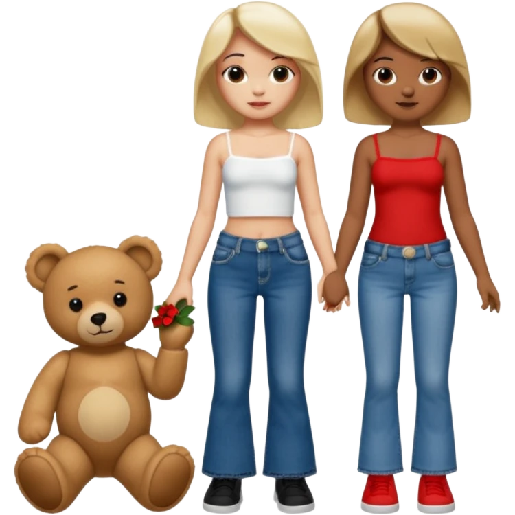 A boy and a girl teddy bear for the boy bear put on true religion shirt and jeans with black shoes and for the girl put flare jeans and a red tube top and white shoes just bears not the humans  emoji