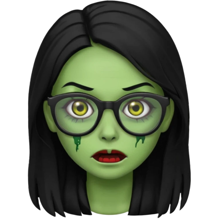 crie um emoji de zumbi feminino, com pele verde, óculos preto e cabelo longo preto emoji