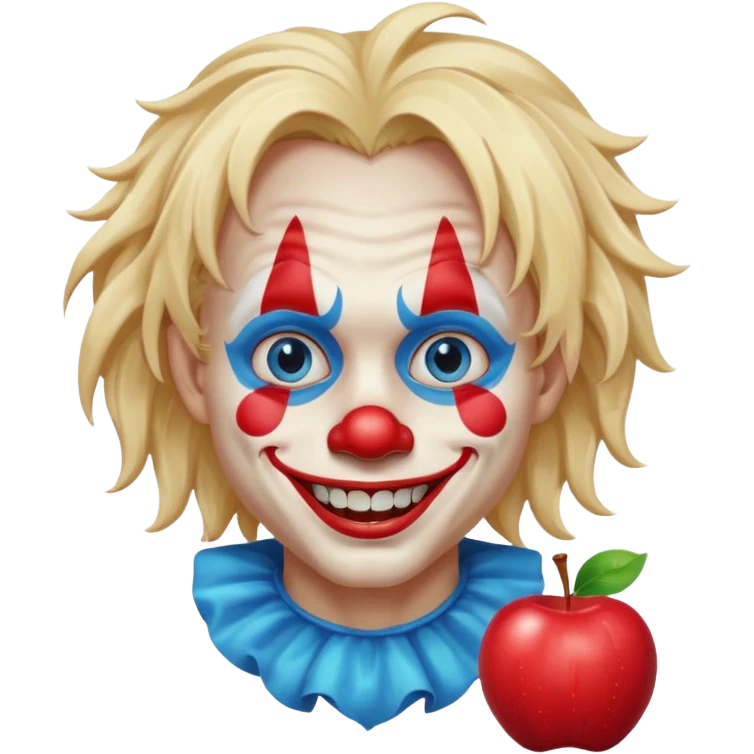 creepy clown boy with messy very long long blonde hair, blue eyes, make it more like an apple emoji emoji