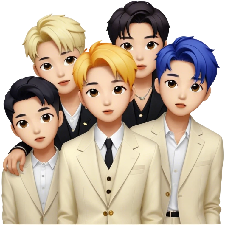 Cinematic Realistic BTS Portrait Emoji, depicted as a dynamic energetic portrayal of the global K-pop group with stylish modern attire and vibrant expressions, rendered with rich textures and bold contemporary lighting that captures their youthful charisma. emoji